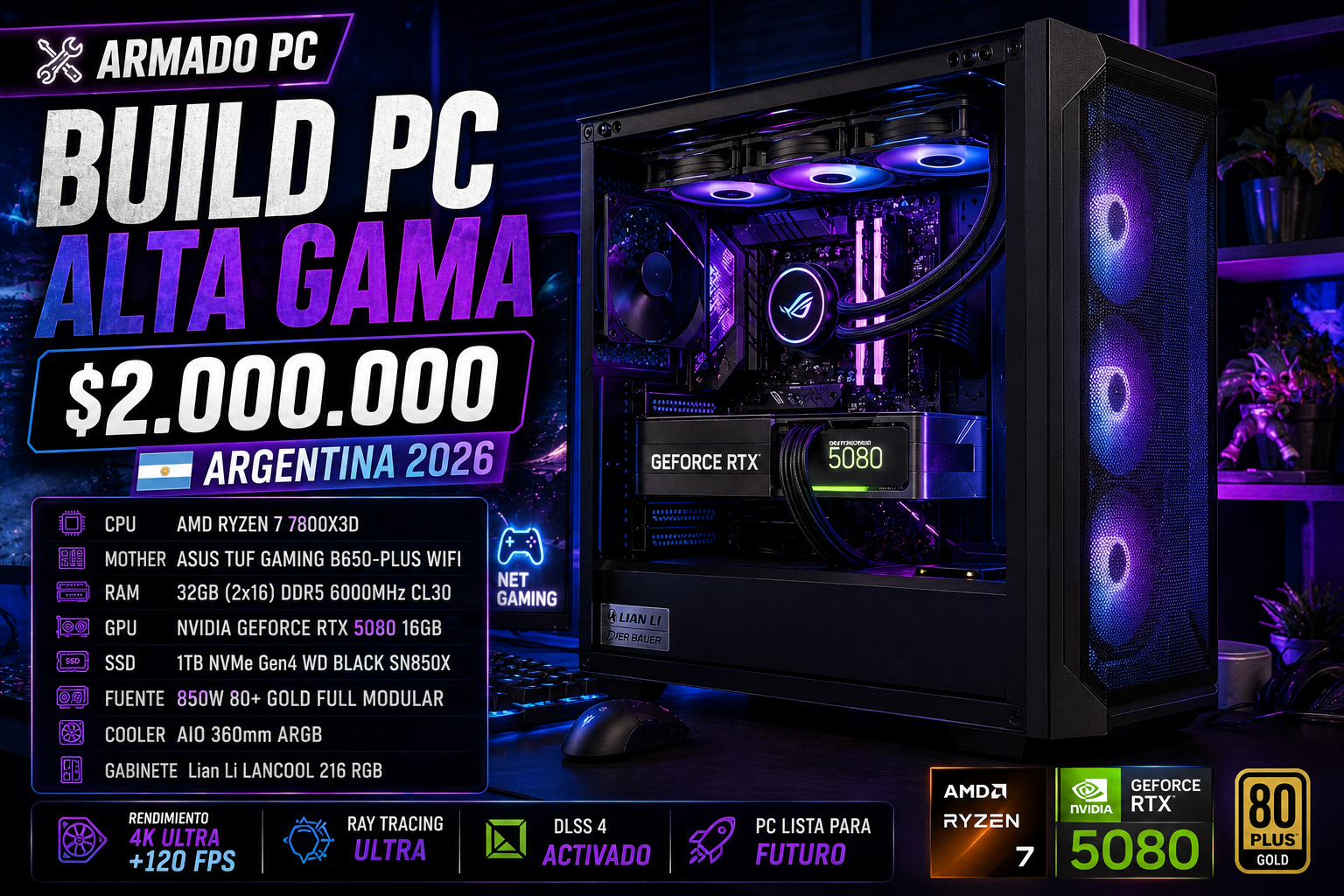 Armado de PC gamer alta gama en Argentina 2026: build completa por $2.000.000